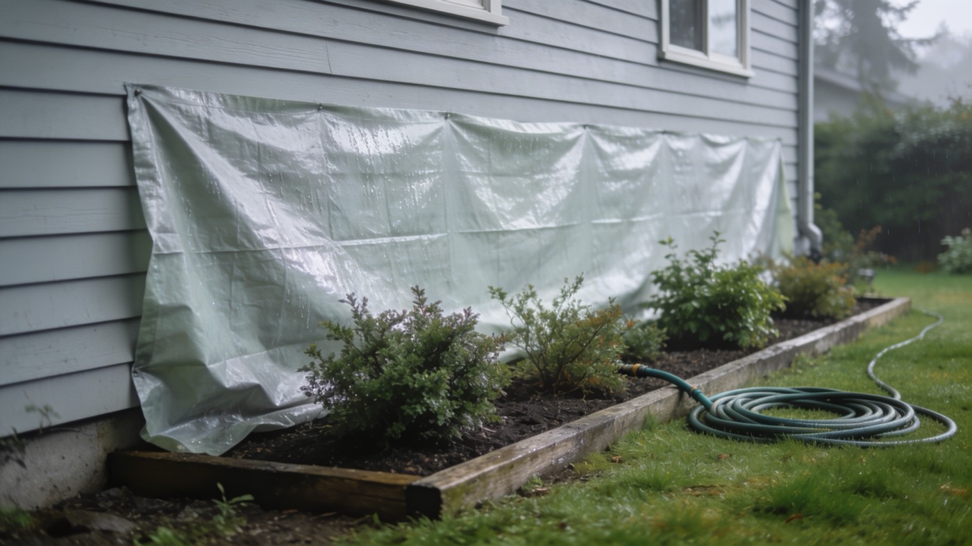 Garden bed at the base of a vinyl-sided wall covered with a protective tarp before an exterior wash