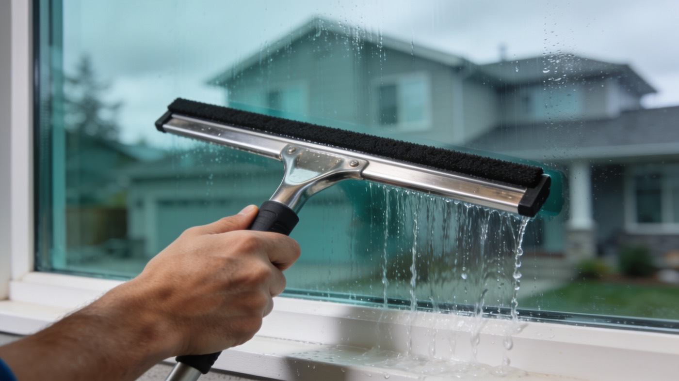 Close view of a squeegee blade pulling water down a clean window pane in one stroke