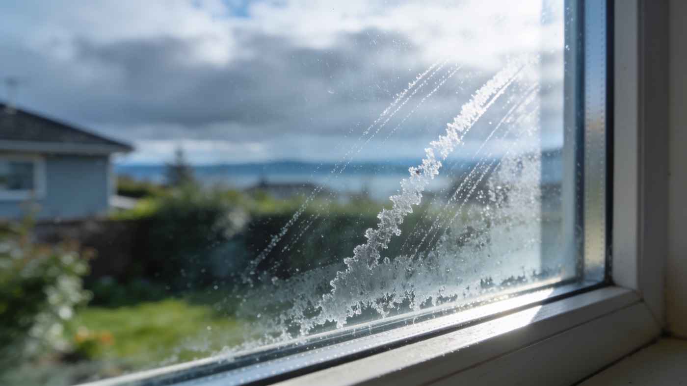 Sunlight catching a dried soap film and streak lines across a window pane