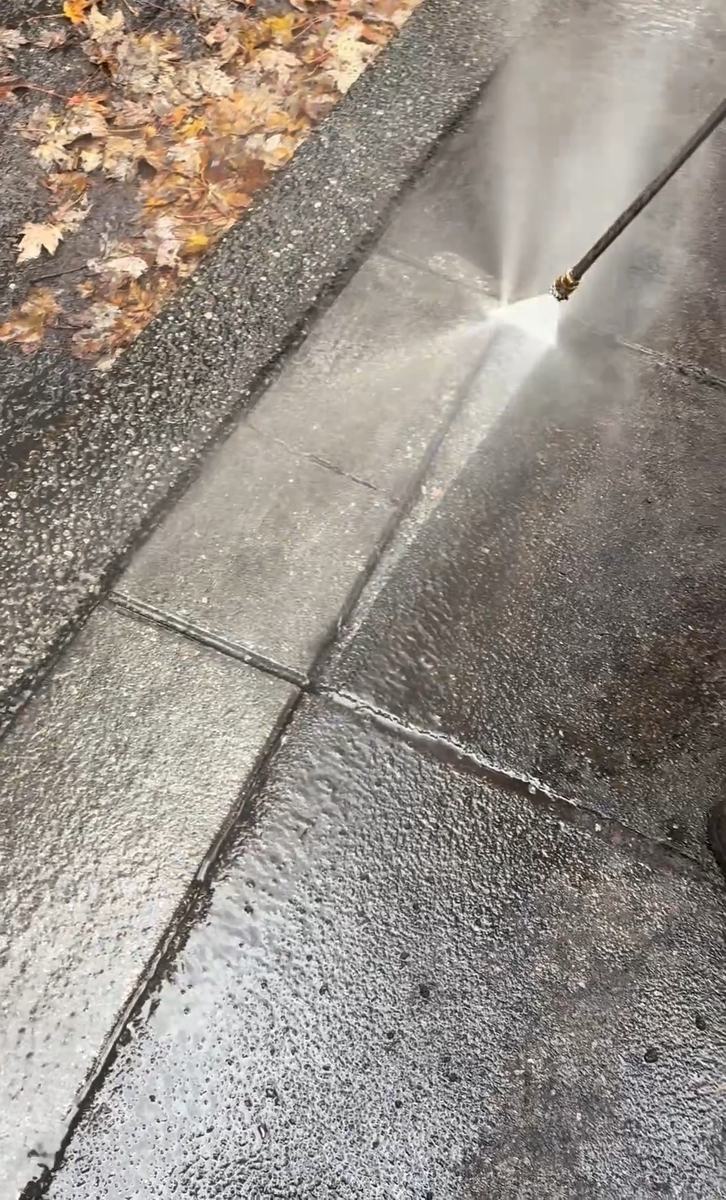 A fan of pressure washer spray hitting a concrete path, wet brown leaves banked up along one side