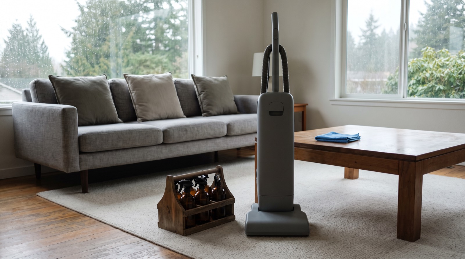 A living room part-way through a clean, with a cloth folded on the coffee table and a vacuum and cleaning caddy standing on the rug