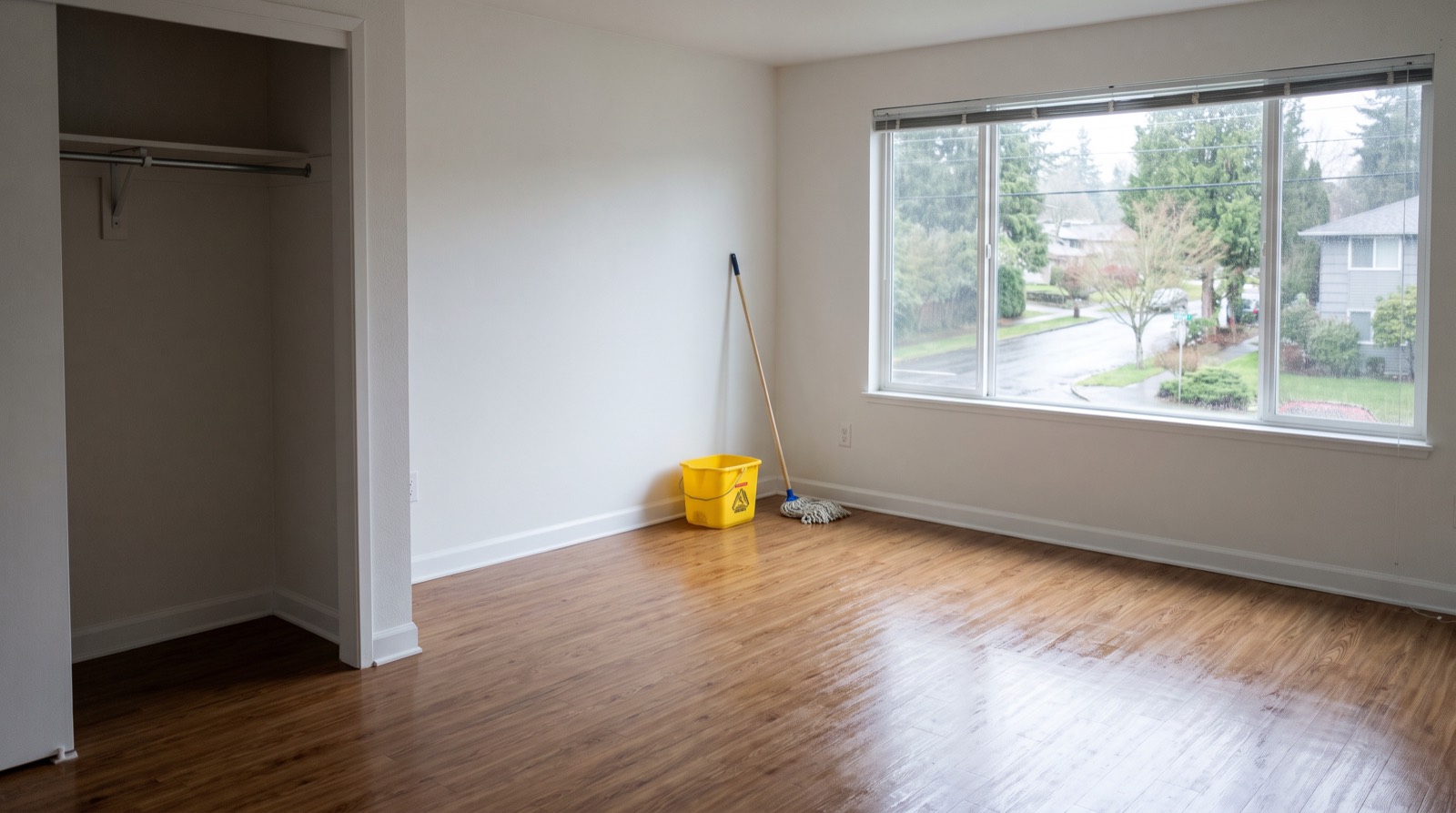 An empty room with the wooden floor freshly mopped, a mop and bucket by the wall and an emptied closet standing open