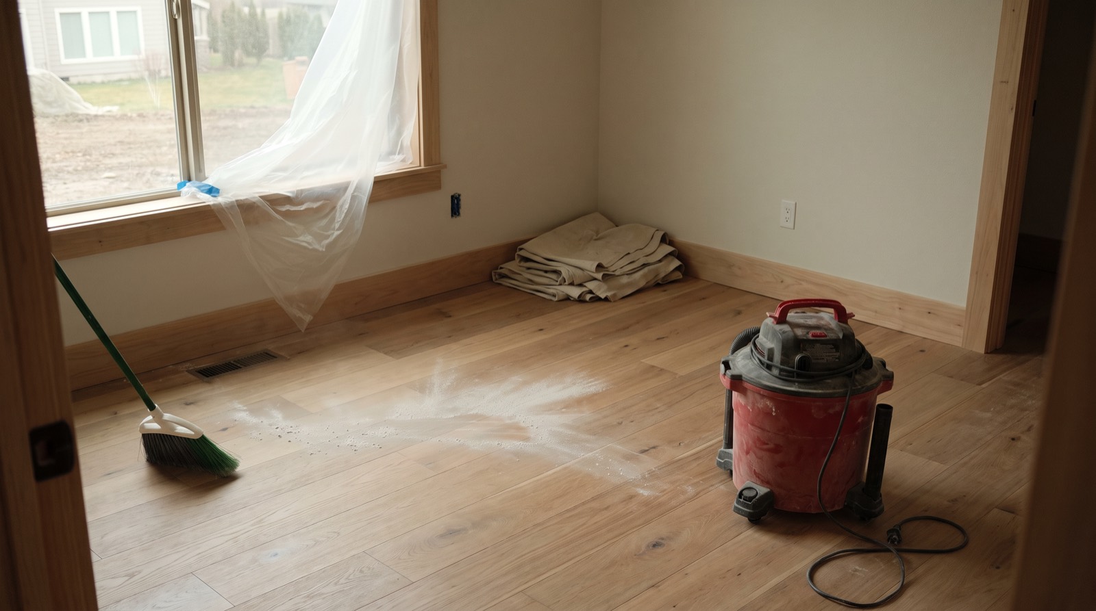 A newly renovated room at the final clean-up stage, with construction dust being cleared off a new hardwood floor and protective sheeting pulled back from the window