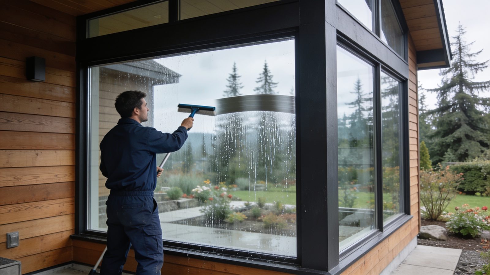A window cleaner pulling a squeegee down a large window on a cedar-clad West Coast house